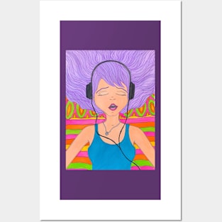 Girl with Headphones Singing Posters and Art